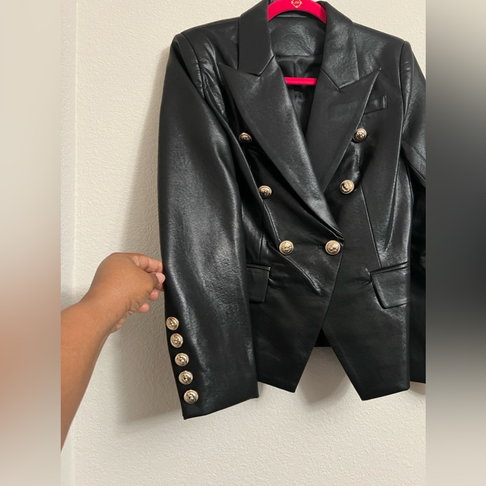 Black Double-Breasted Leather Blazer Jacket - Picture 5 of 8